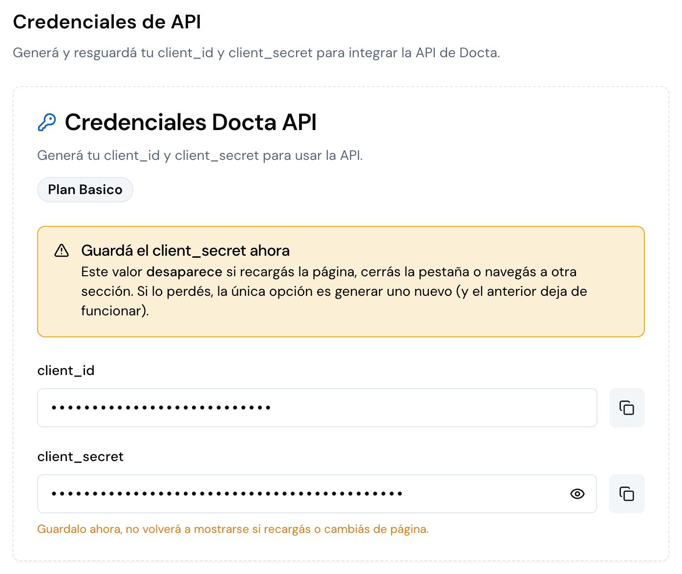 Placeholder: credenciales generadas